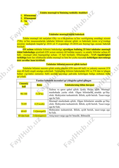 talaba mustaqil ta’limining tashkiliy shakllari va baholash mexanizmi — DOCX