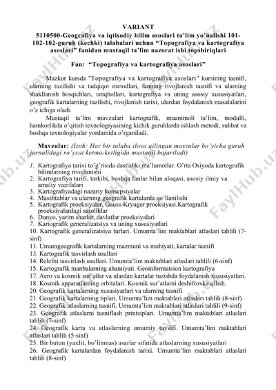mustaqil ta’lim nazorat ishi topshiriqlari: “topografiya va kartografiya asoslari” (variant 5110500) — DOCX