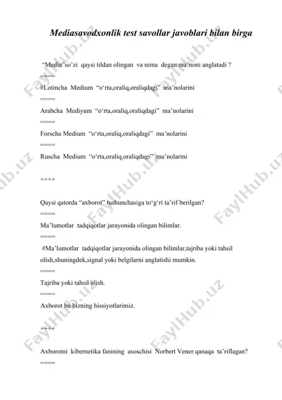 mediasavodxonlik test savollar javoblari bilan birga — DOCX