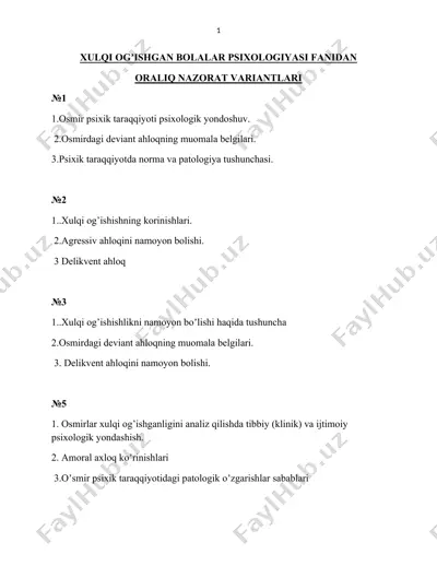 xulqi og‘ishgan bolalar psixologiyasi fanidan oraliq nazorat variantlari — DOCX