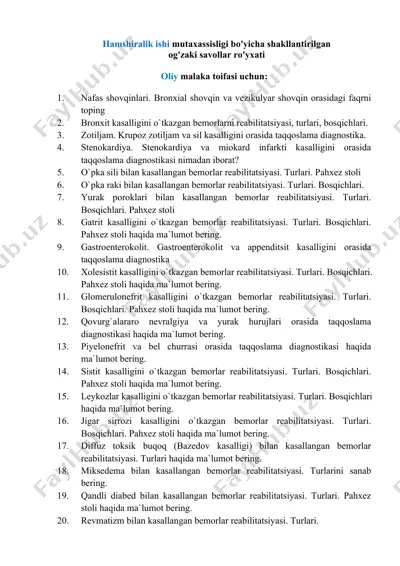 hamshiralik ishi mutaxassisligi bo‘yicha og‘zaki savollar ro‘yxati — DOCX