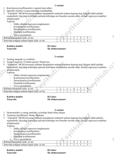 “yuksalish” mchj korxonasi reklama xarajatlari va mahsulot tushum hajmiga bog‘liqligini o‘rganishga oid amaliy ish — DOCX