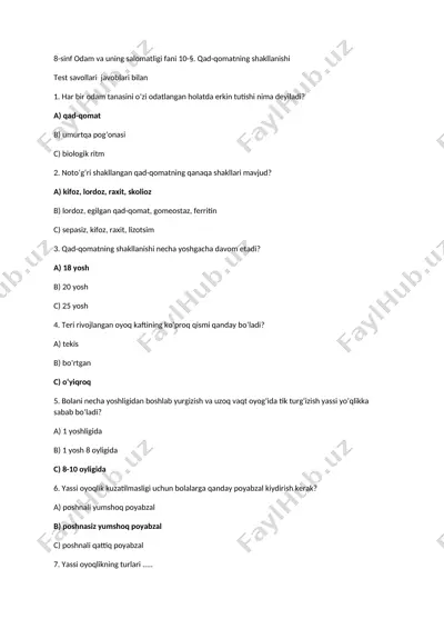 8-sinf / “odam va uning salomatligi” fani / tibbiyot / 10-§. qad-qomatning shakllanishi. mavzulashtirilgan test savollari va javoblari — DOCX