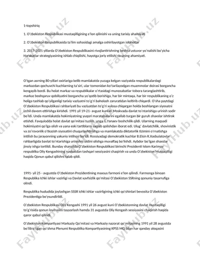 1-topshiriq: o‘zbekiston respublikasi mustaqilligining e’lon qilinishi va ta’lim sohasidagi islohotlar — DOCX