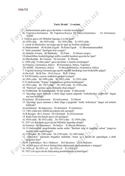 tarix 10-sinf 2-variant test savollari va javoblari — DOCX