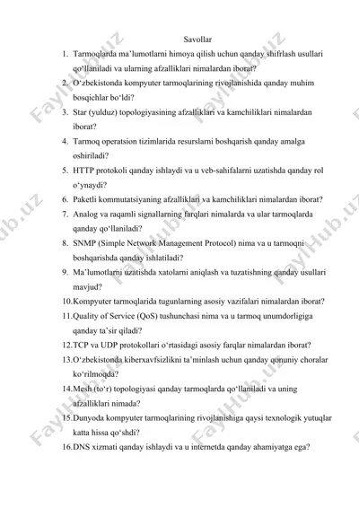 kompyuter tarmoqlari bo‘yicha savollar va testlar to‘plami — DOCX