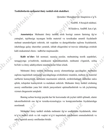tashkilotlarda mehnatni ilmiy tashkil etish shakllari — DOCX