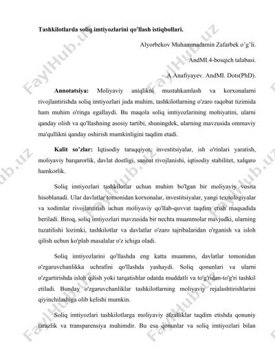 tashkilotlarda soliq imtiyozlarini qo‘llash istiqbollari — DOCX