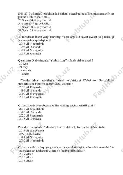 oʻzbekistonda maktabgacha taʼlim va yoshlar siyosati bo‘yicha taqdimot va test savollari — DOCX