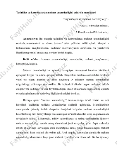 tashkilot va korxonalarda mehnat unumdorligini oshirish masalalari — DOCX