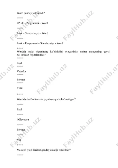 microsoft word bo‘yicha test savollari — DOCX