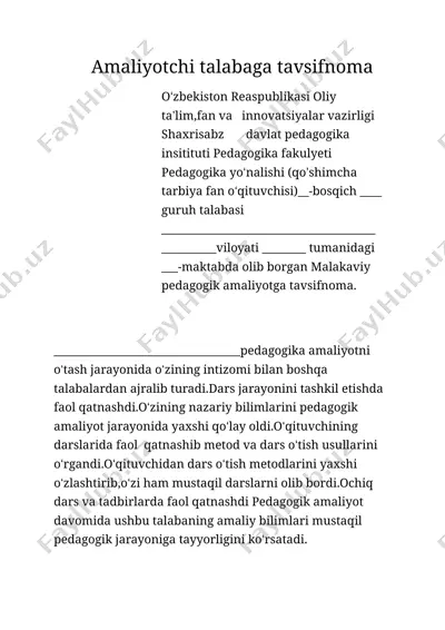 amaliyotchi talabaga tavsifnoma — DOCX