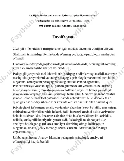 pedagogik-psixologik amaliyot tavsifnomasi — DOCX