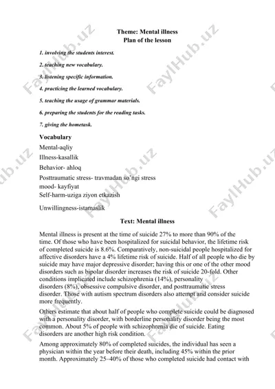 english lesson plan on mental illness — DOCX