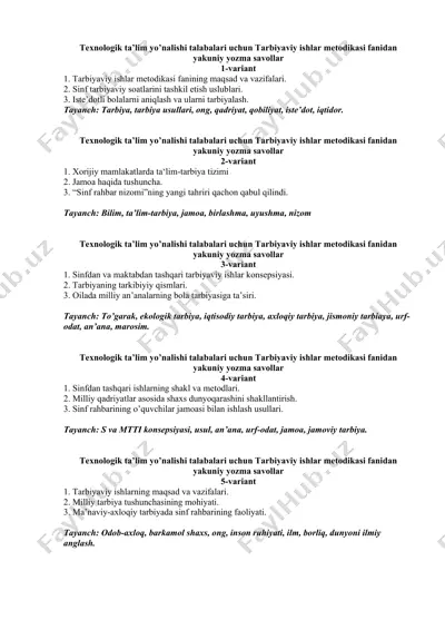 tarbiyaviy ishlar metodikasi fanidan yakuniy yozma savollar (11 variant) — DOCX