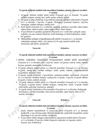 to’garak ishlarini tashkil etish metodikasi fanidan yakuniy nazorat savollari — DOCX