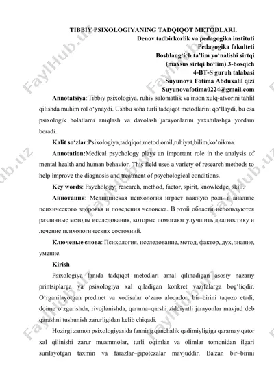tibbiy psixologiyaning tadqiqot metodlari — DOCX