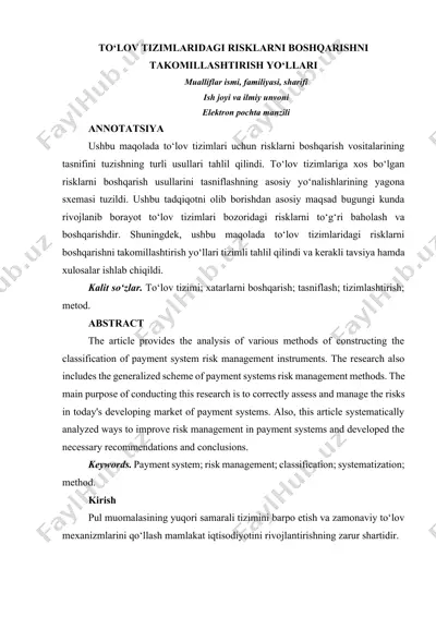 to‘lov tizimlaridagi risklarni boshqarishni takomillashtirish yo‘llari — DOCX