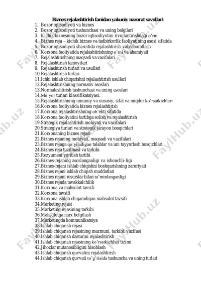 biznes rejalashtirish fanidan yakuniy nazorat savollari — PDF