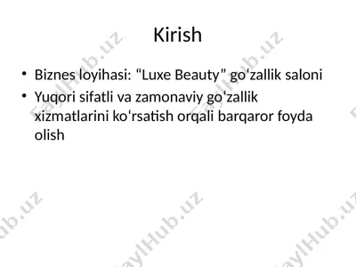 “luxe beauty” go‘zallik saloni biznes loyihasi — PPTX