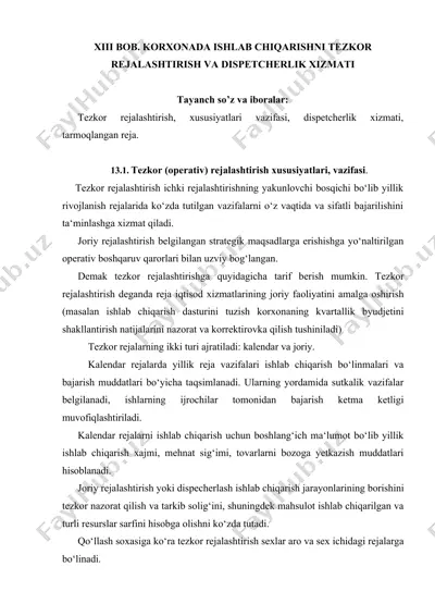 korxonada ishlab chiqarishni tezkor rejalashtirish va dispetcherlik xizmati — DOCX