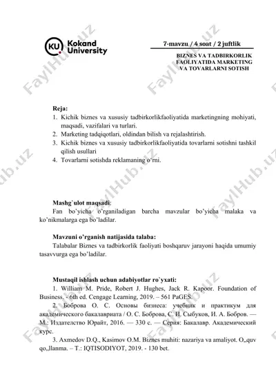 biznes va tadbirkorlik faoliyatida marketing va tovarlarni sotish — DOCX
