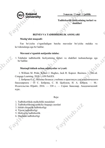 biznes va tadbirkorlik asoslari — DOCX