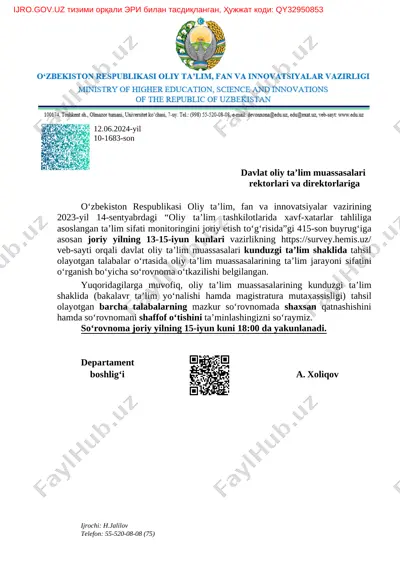oliy ta’lim muassasalarida ta’lim sifatini monitoringini o‘tkazish bo‘yicha so‘rovnoma — PDF