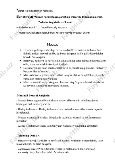 biznes reja: maxsus (harbiy) formalar ishlab chiqarish tashkilotini ochish — DOCX