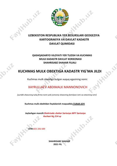 kuchmas mulk obektiga kadastr yig’ma jildi — DOCX