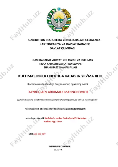 kuchmas mulk obektiga kadastr yig’ma jildi — DOCX