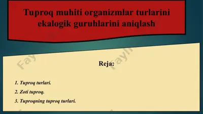 tuproq muhiti organizmlar turlarini ekalogik guruhlarini aniqlash — PPT