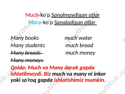 much va many: ko‘p sanalmaydigan va sanaladigan otlar taqdimoti — PPTX