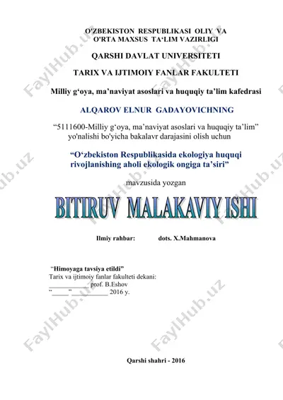 o‘zbekiston respublikasida ekologiya huquqi rivojlanishing aholi ekologik ongiga ta’siri — DOC