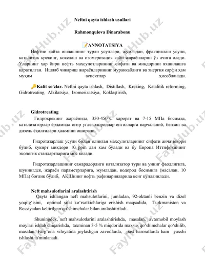 neftni qayta ishlash usullari — DOCX