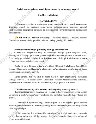 o'zbekistonda axborot xavfsizligining ma’naviy va huquqiy asoslari — DOCX