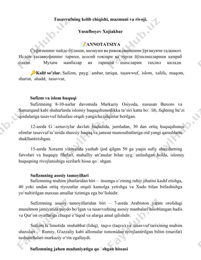 tasavvufning kelib chiqishi, mazmuni va rivoji — DOCX