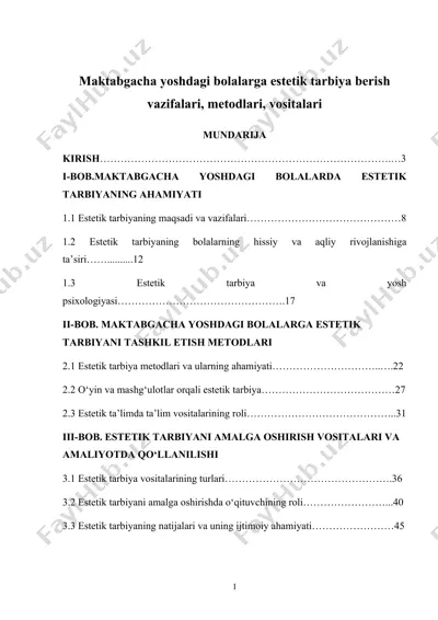 maktabgacha yoshdagi bolalarga estetik tarbiya berish vazifalari, metodlari, vositalari — DOCX