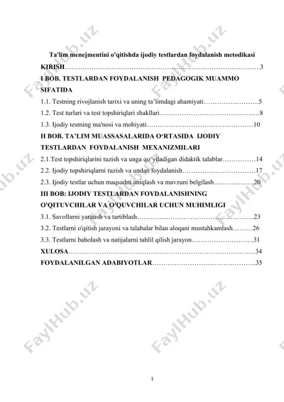 ta'lim menejmentini o'qitishda ijodiy testlardan foydalanish metodikasi — DOCX