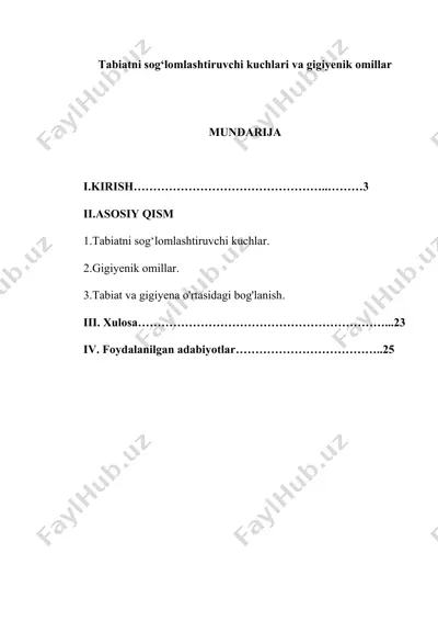 tabiatni sog‘lomlashtiruvchi kuchlari va gigiyenik omillar — DOCX