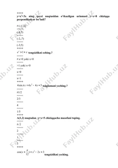 y=x^2+3x ning qaysi nuqtasidan o’tkazilgan urinmasi y+x=8 chiziqqa perpendikulyar bo’ladi? — DOCX