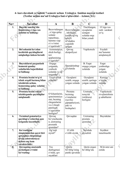 kurs davolash yo’nalishi 7-semestr uchun urologiya fanidan nazorat testlari — DOCX