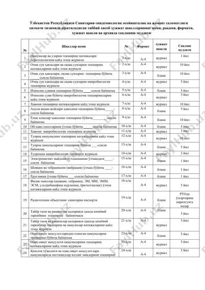 uzbekiston respublikasi sanitariya-epidemiologik osoyishtalik va jamoat salomatligi xizmati tizimida yuritiladigan tibbiy hisob hujjat shakllari — DOCX