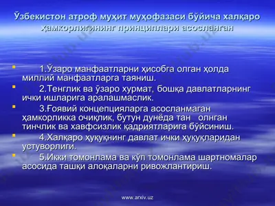 ўзбекистон атроф муҳит муҳофазаси бўйича халқаро ҳамкорлигининг принциплари асосланган — PPT