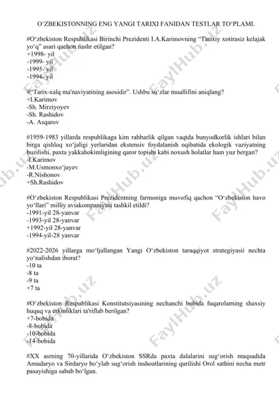 o‘zbekistonning eng yangi tarixi fanidan testlar to‘plami — DOCX
