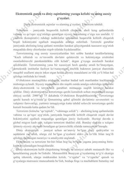 ekstremistik guruh va diniy oqimlarning yuzaga kelishi va uning asosiy g‘oyalari. — DOCX