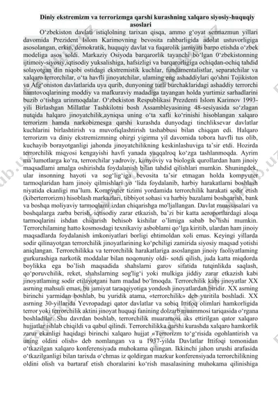 diniy ekstremizm va terrorizmga qarshi kurashning xalqaro siyosiy-huquqiy asoslari — DOCX