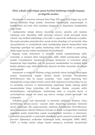diniy sohada sodir etilgan qonun buzilish holatlariga nisbatan huquqiy javobgarlik asoslari. — DOCX