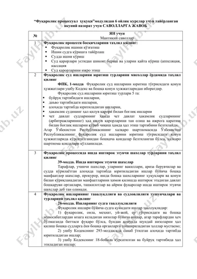 "фуқаролик процессуал ҳуқуқи"модулидан 6 ойлик курslar учun тayёrlangan yakuniy nazorat uchun savollarga javob — DOCX