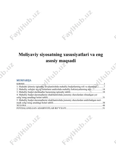 moliyaviy siyosatning xususiyatlari va eng asosiy maqsadi — DOCX